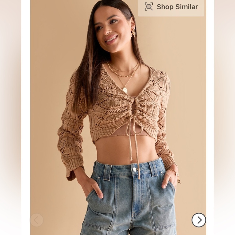 Francesca's Collections Tan Crochet Drawstring Long Sleeve cotton Crop Top M